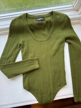 Express Olive Ribbed Scoop Neck Long Sleeve Bodysuit